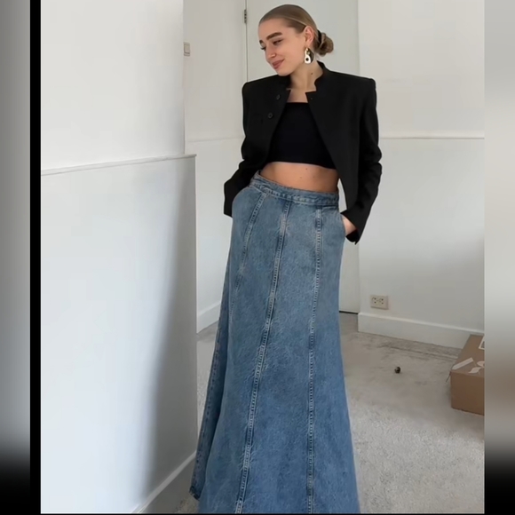 ZARA * HIGH-WAIST ZW LONG DENIM SKIRT FLARED FADED BLUE BLOGGER - Picture 6 of 16